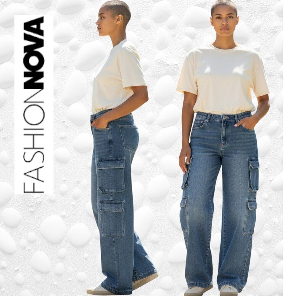 Fashion Nova High-Waisted Wide-Leg Denim Cargo Jeans – Size 11